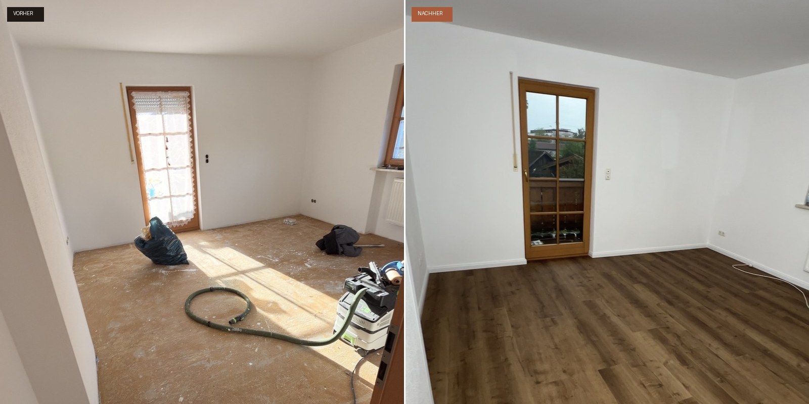 Vorher/Nachher: Dachgeschosswohnung nach Auszug mit Vinylboden und neu gestrichenen Wänden vermietbar gemacht in Oberbayern, renoviert von Opus Renovierungen