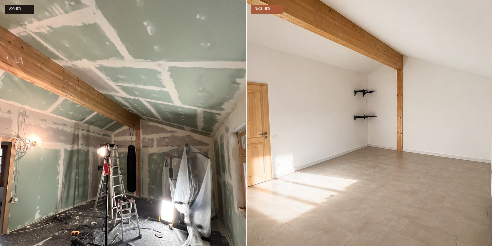 Vorher/Nachher: Trockenbauausbau eines ungenutzten Dachgeschosses zu Wohnraum in Oberbayern, ausgebaut von Opus Renovierungen